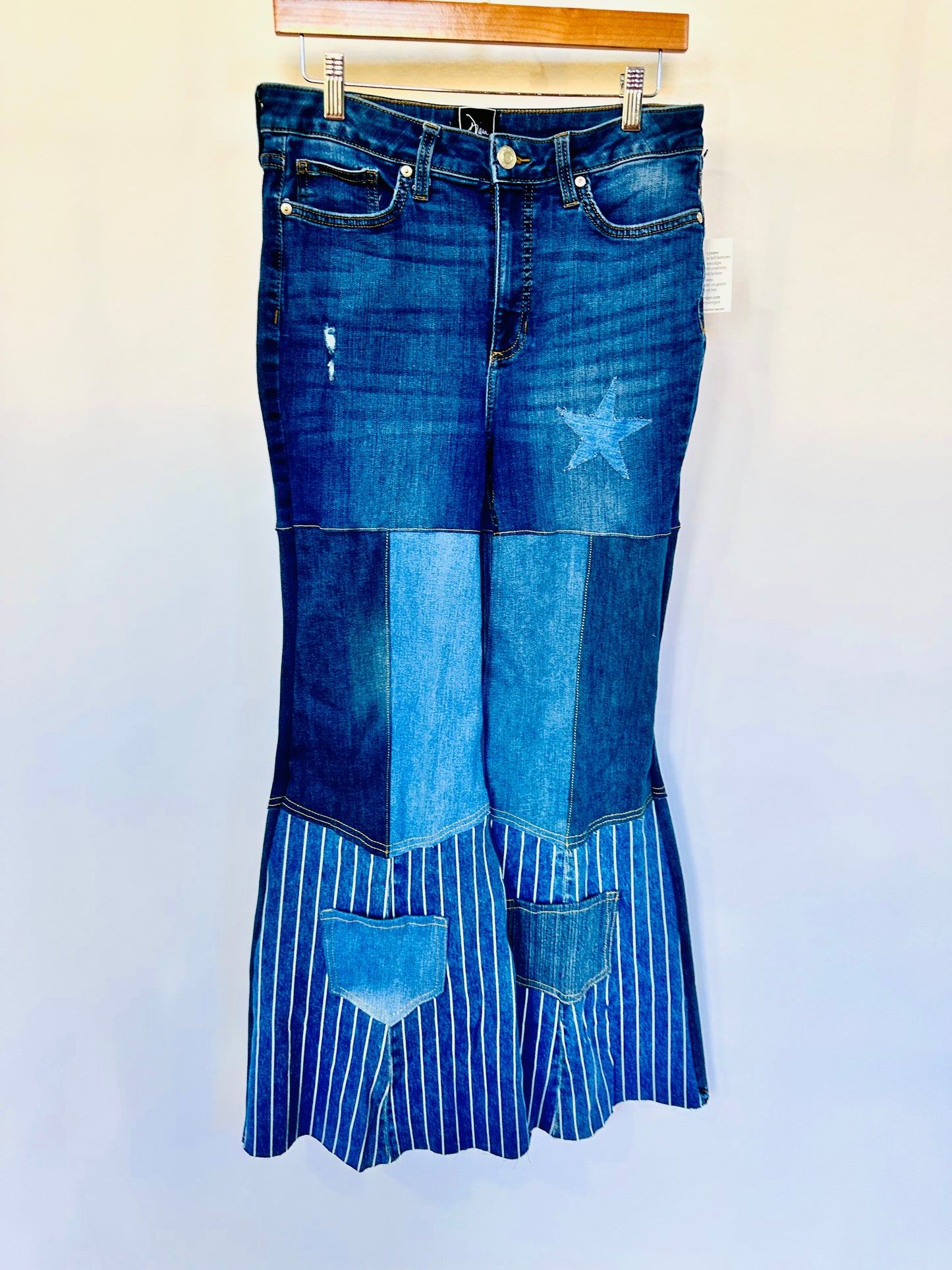 high waisted dark blue + stripes bell bottom jeans [10/30]
