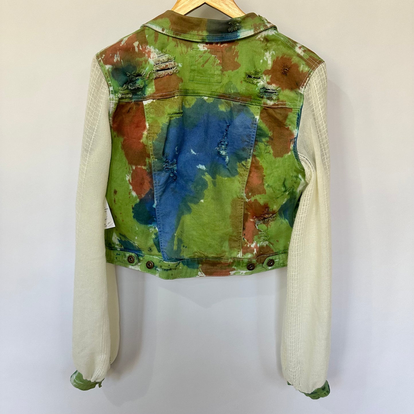 distressed tiedye denim + soft cream blouse sleeves [m/l]
