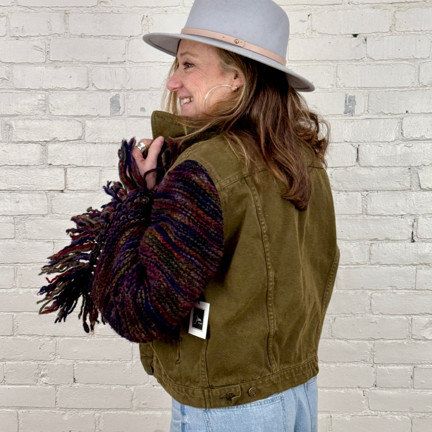 chunky knit, fringe + olive denim jacket
