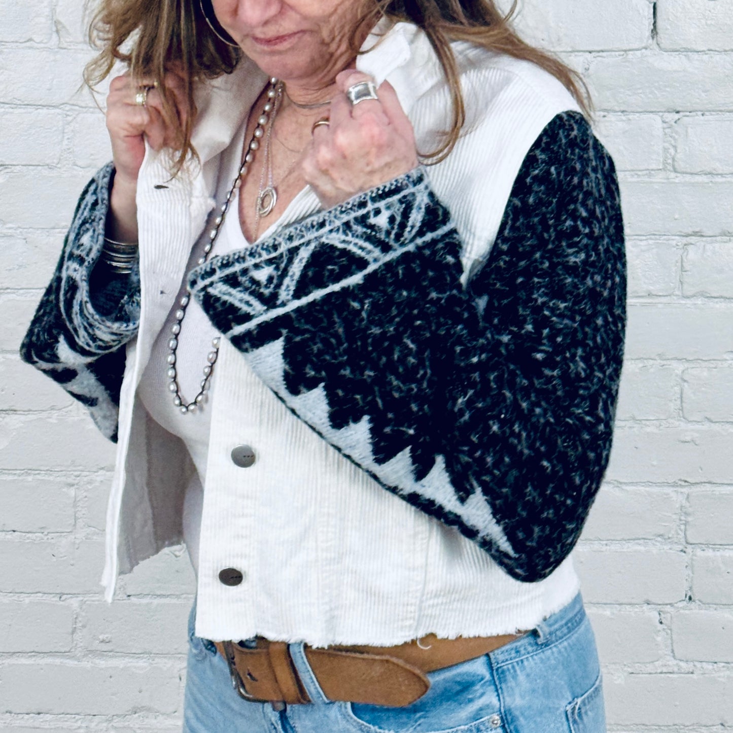 crop white corduroy + soft aztec bells