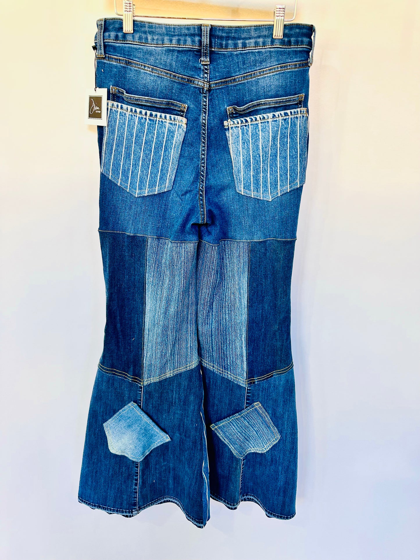 high waisted dark blue + stripes bell bottom jeans [10/30]
