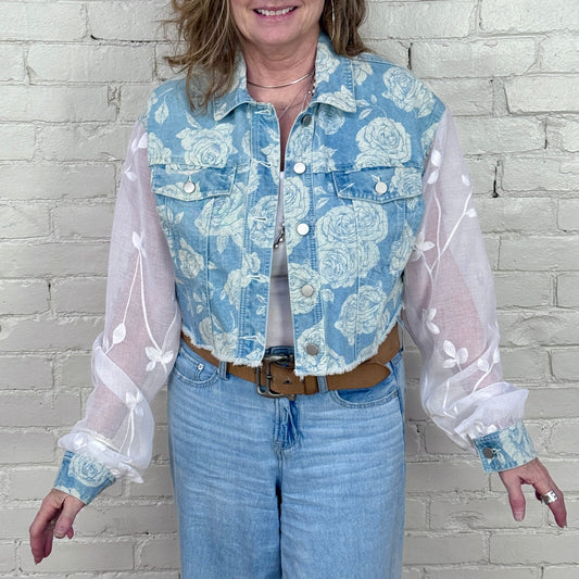 floral boxy denim + white embroidered billowy sleeves