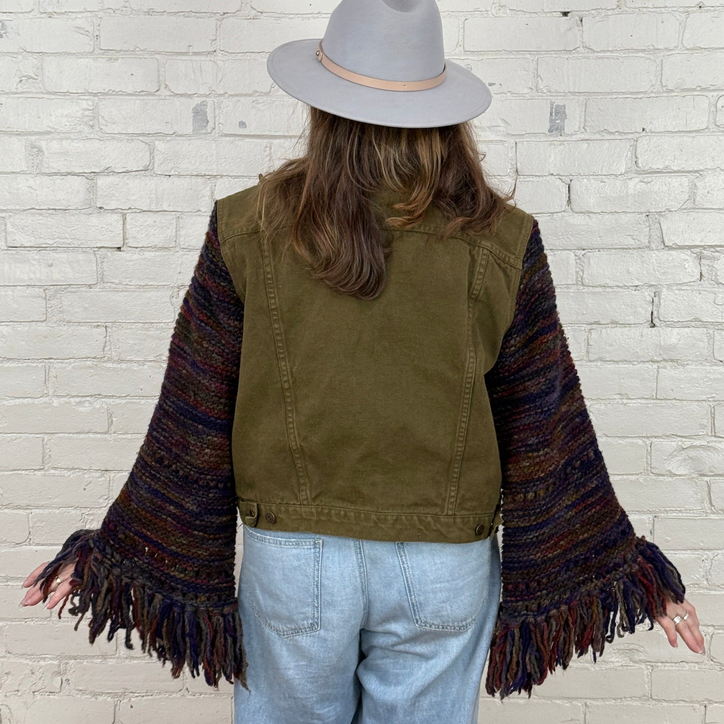 chunky knit, fringe + olive denim jacket