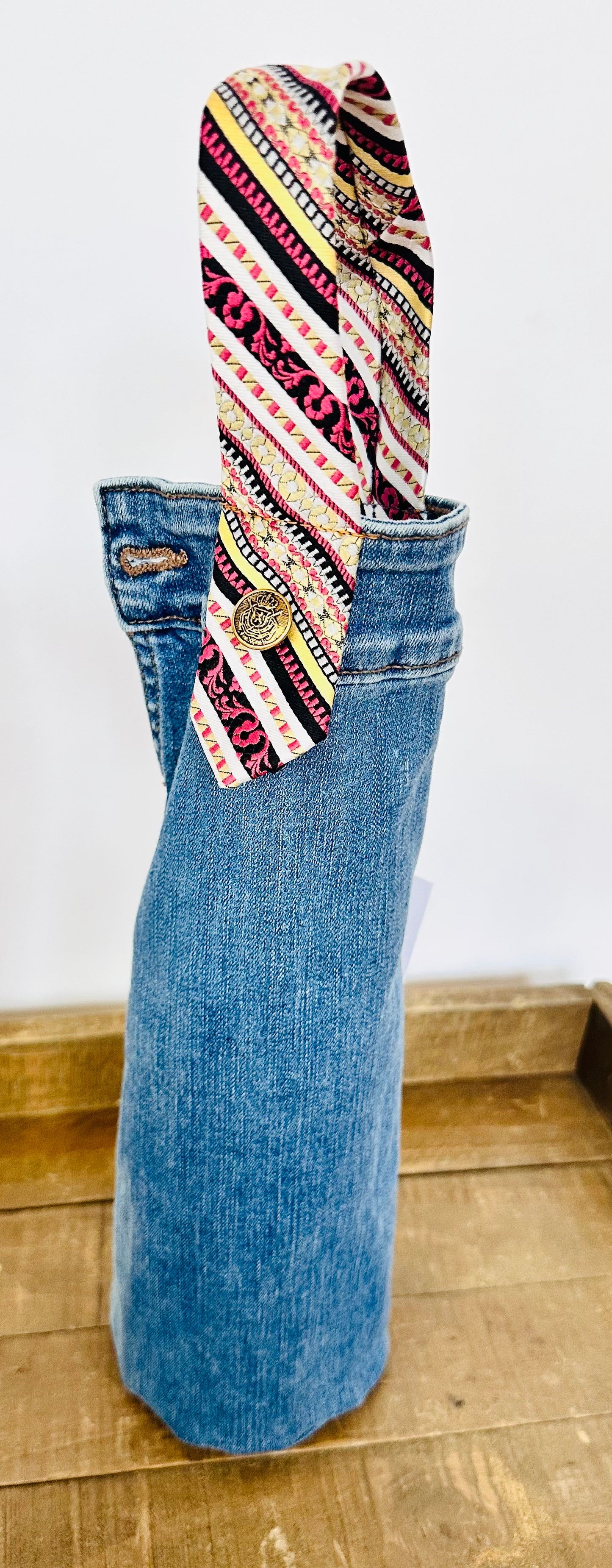 blue wash denim + multi color striped tie wine sleeve