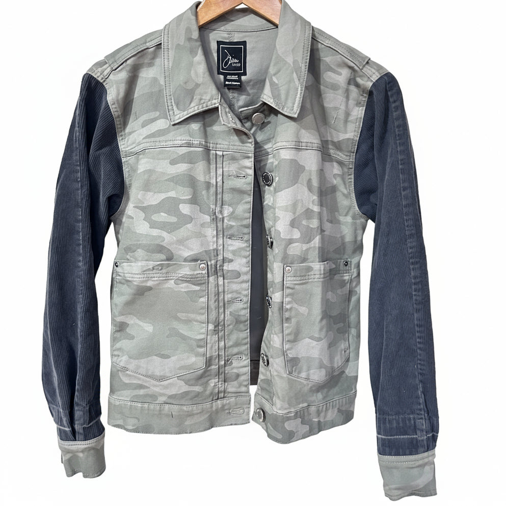 charcoal corduroy + light feminine camo denim [m]