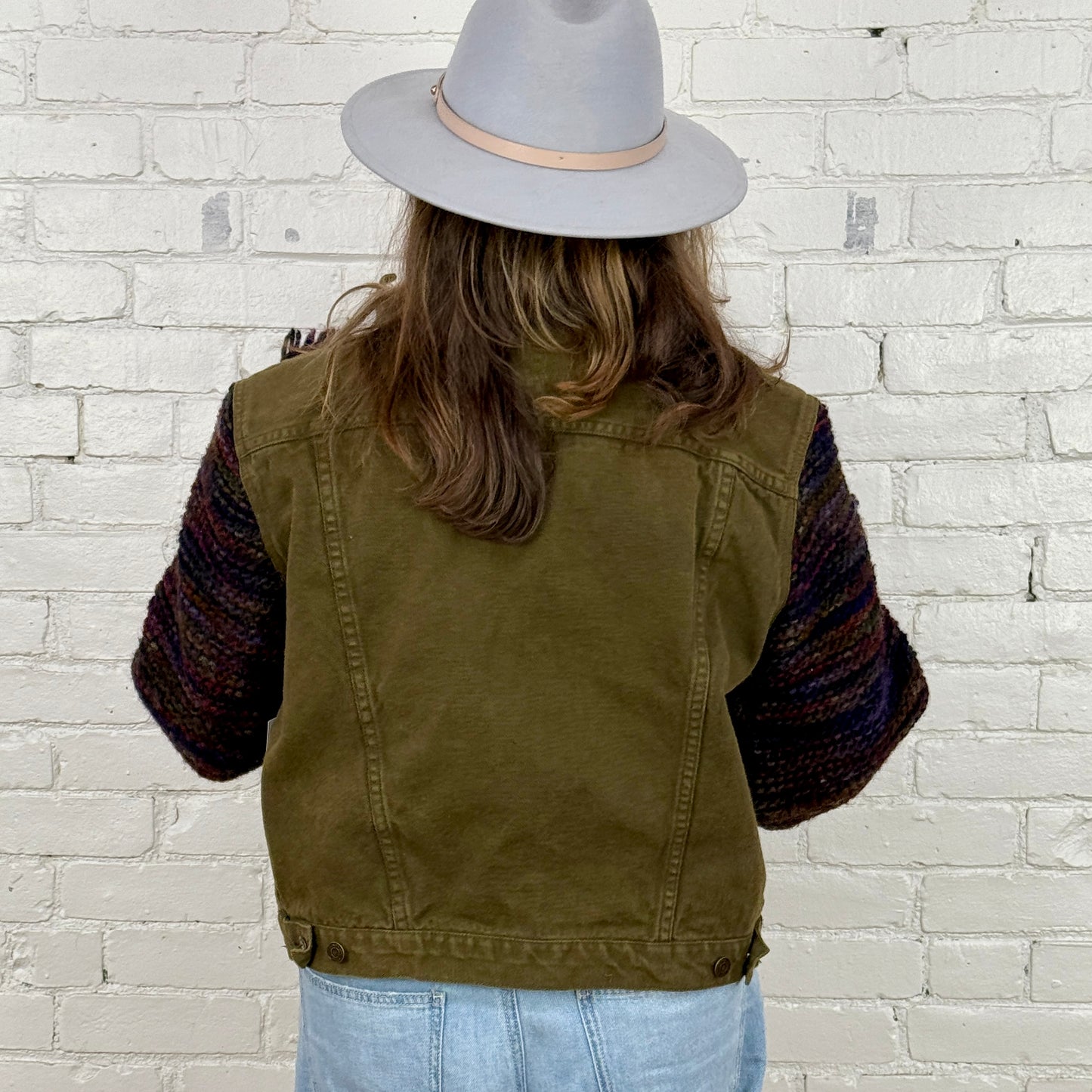 chunky knit, fringe + olive denim jacket
