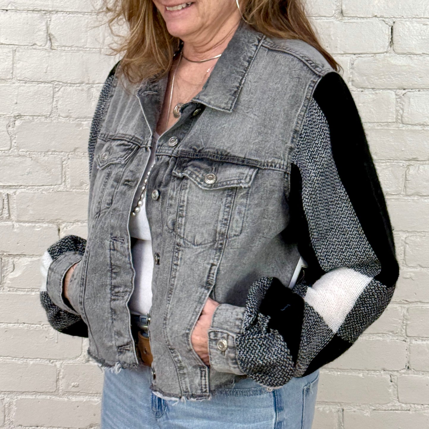 faded black boxy denim + black white soft plaid billowy sleeves