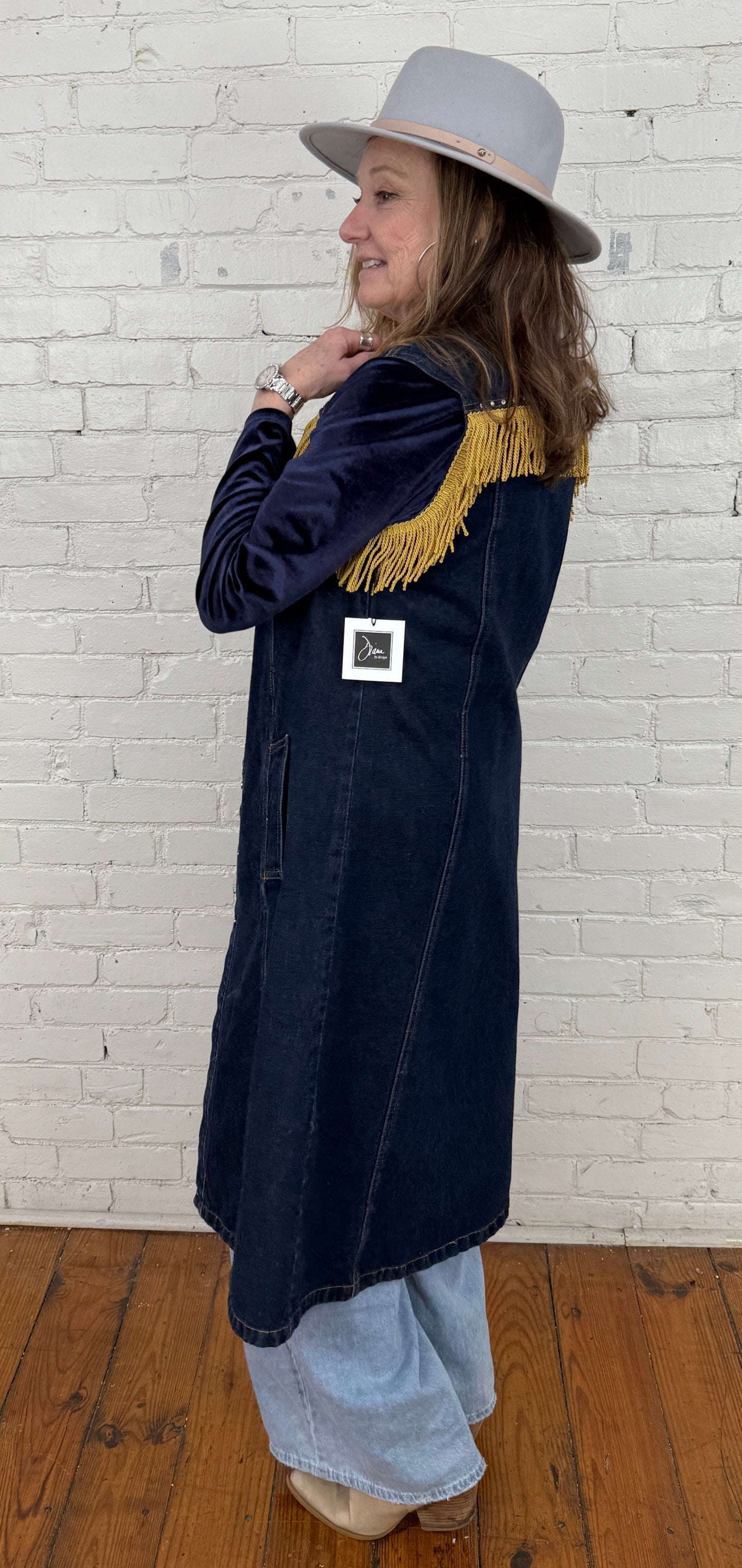 dark blue denim bling + fringe coat dress