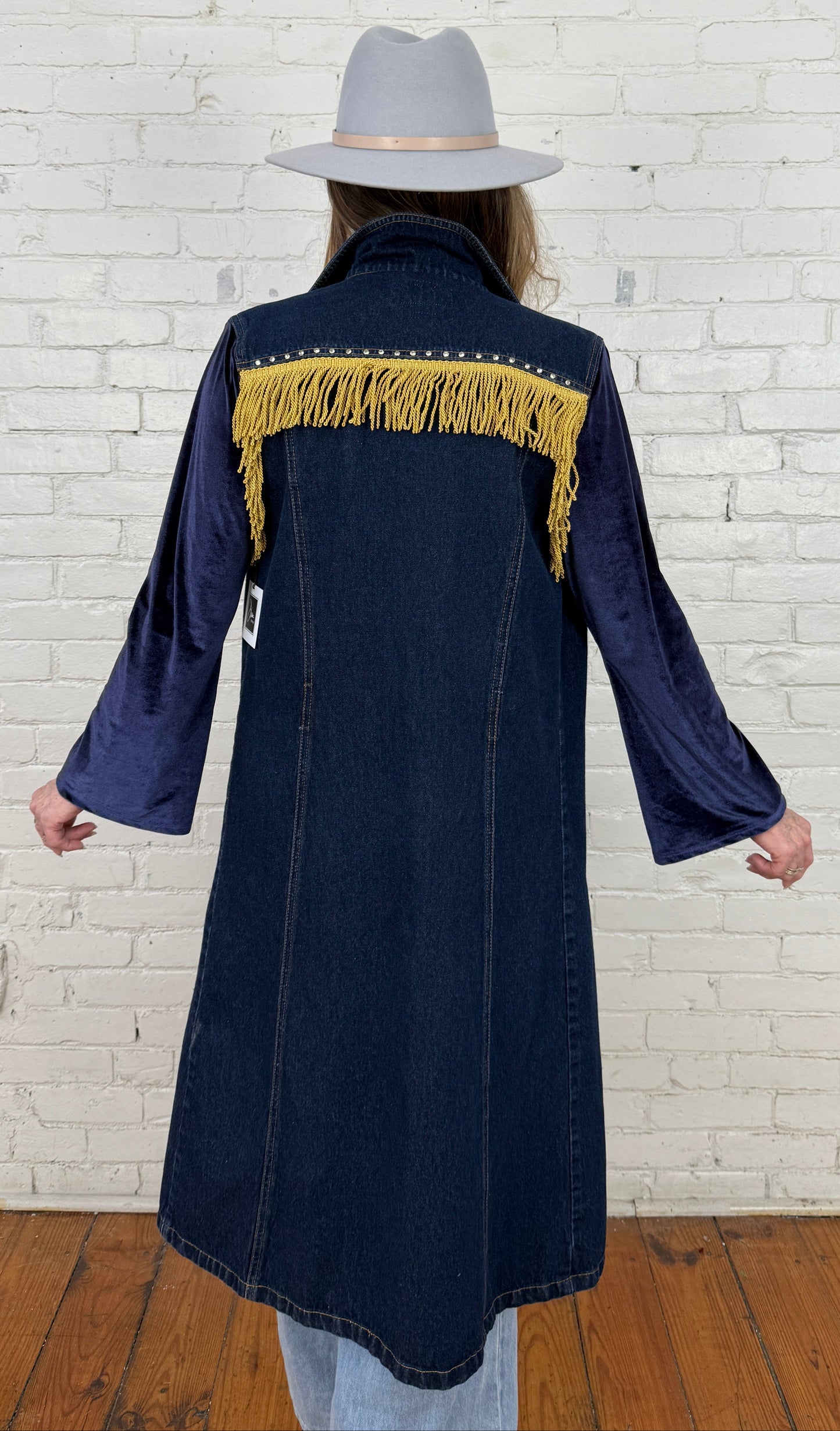 dark blue denim bling + fringe coat dress