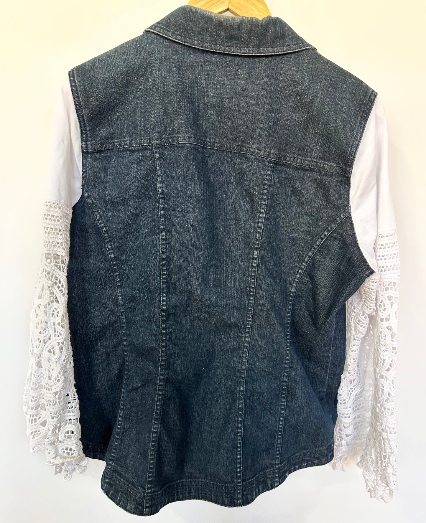 blue black denim + feminine lace bell jacket