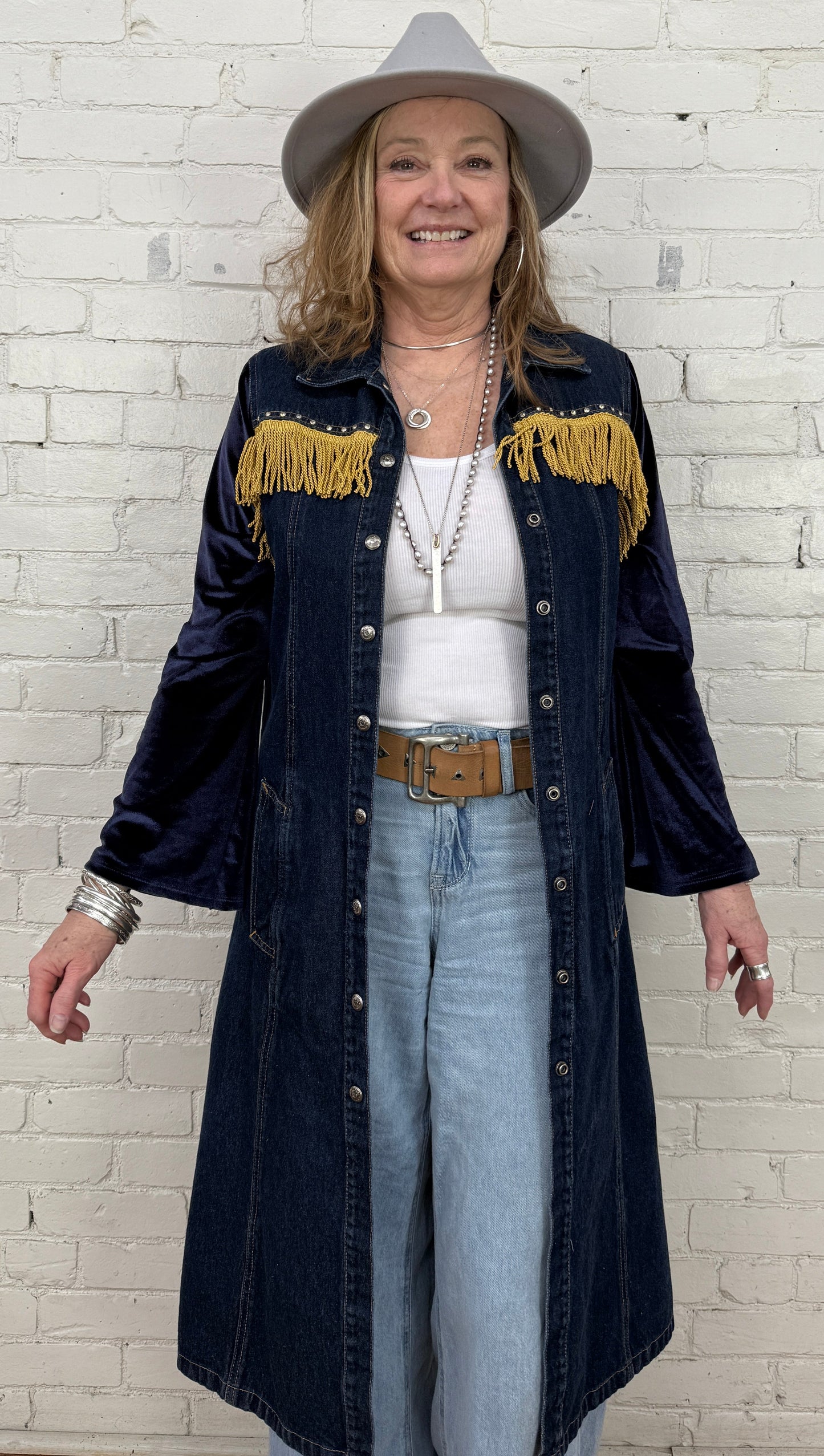 dark blue denim bling + fringe coat dress