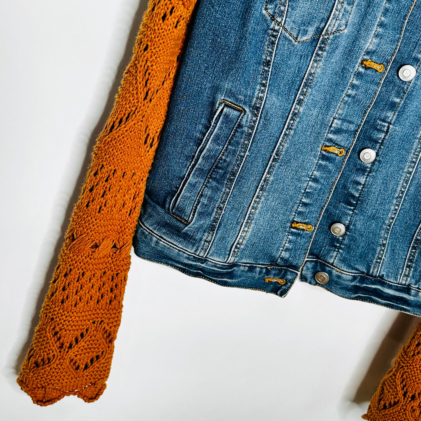 classic blue stretch demin + pumpkin open knit jacket