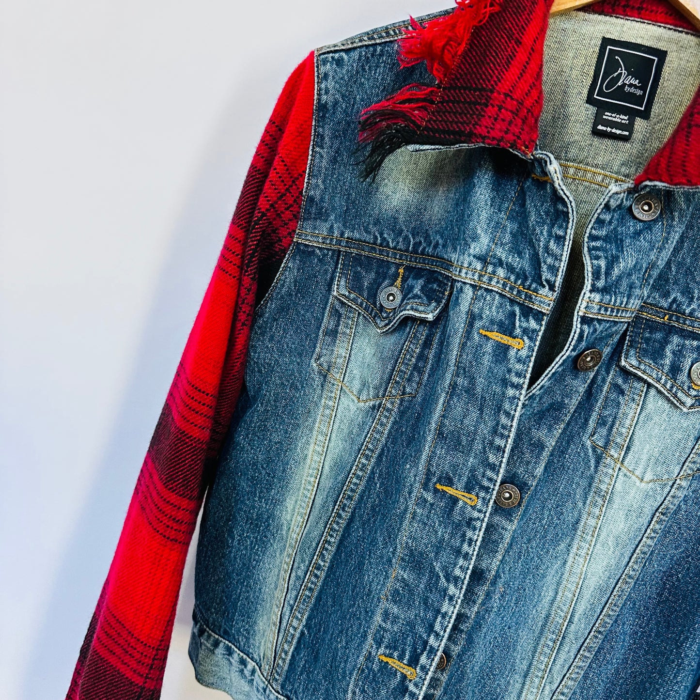 red black plaid + distressed denim jacket[l]