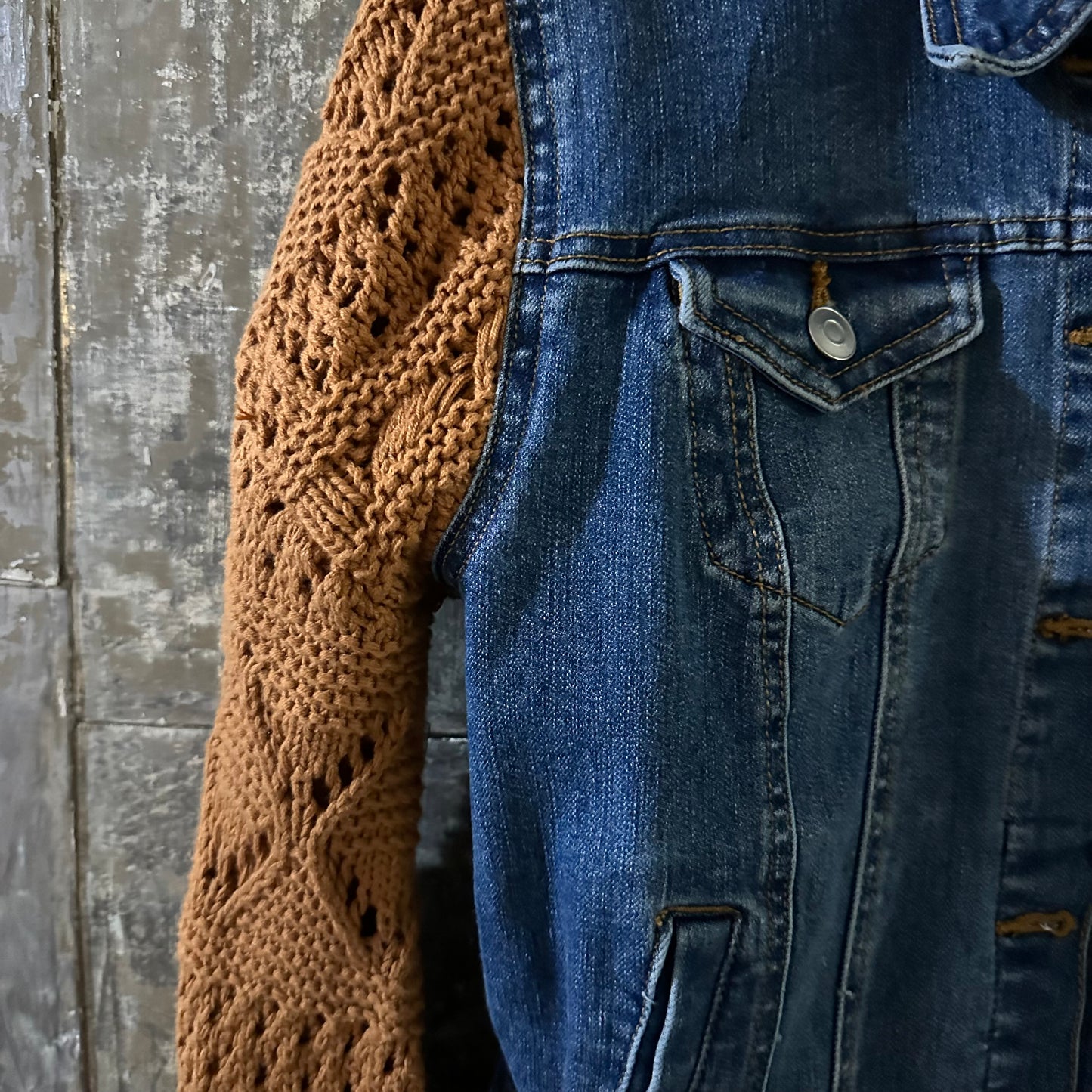 classic blue stretch demin + pumpkin open knit jacket