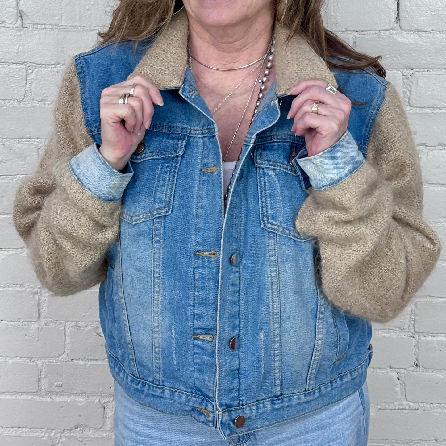 distressed boxy denim + cuddly soft blouse sleeves