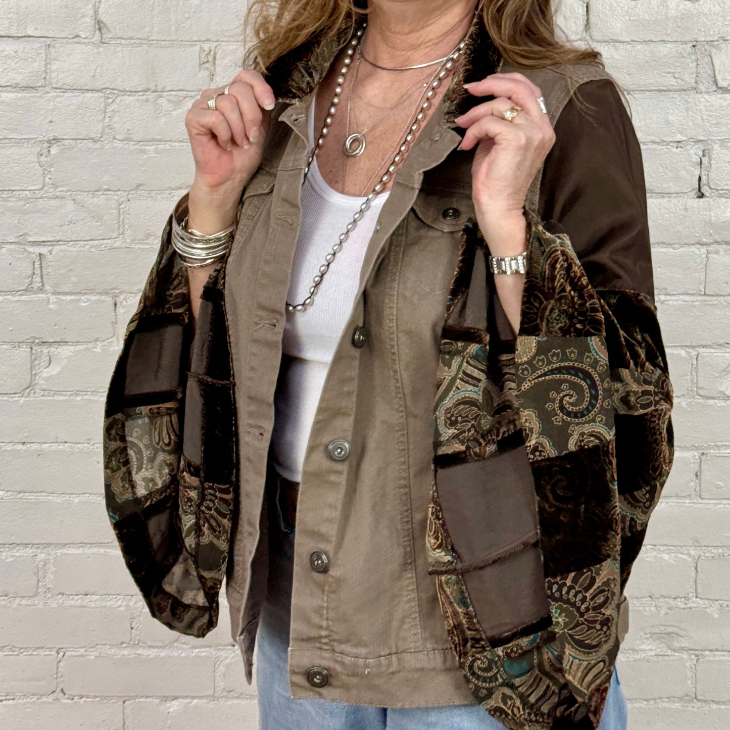 combined silk + velvet giant bells + brown denim jacket