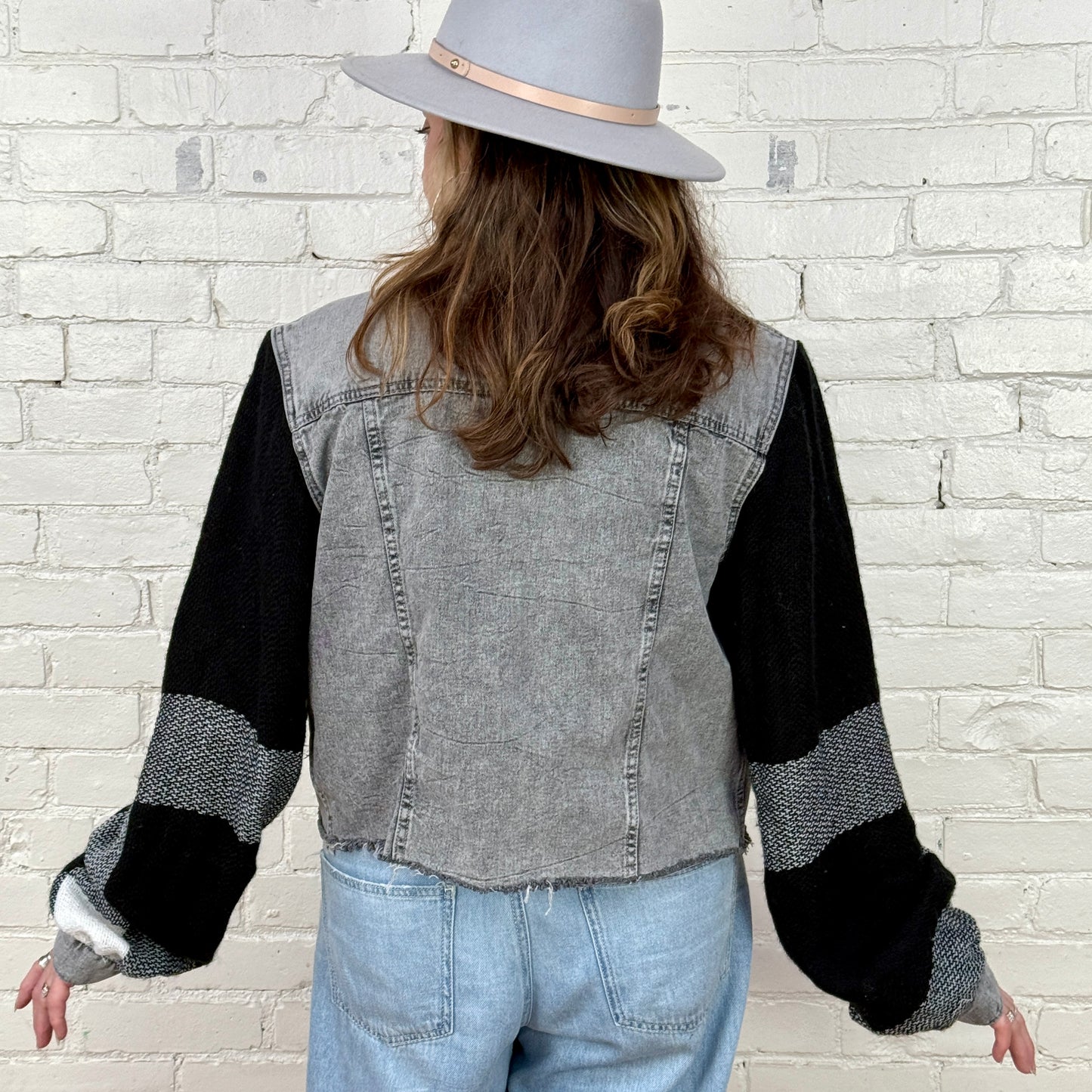 faded black boxy denim + black white soft plaid billowy sleeves