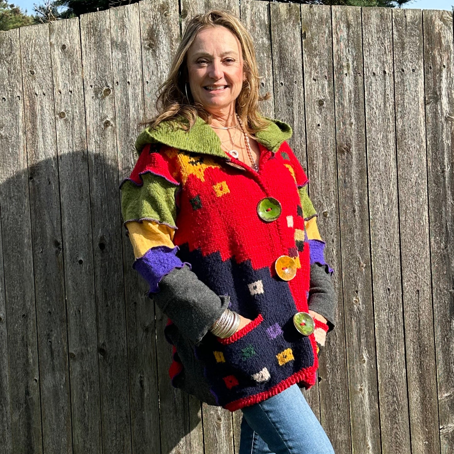 textured vibrant color swing style hooded coat