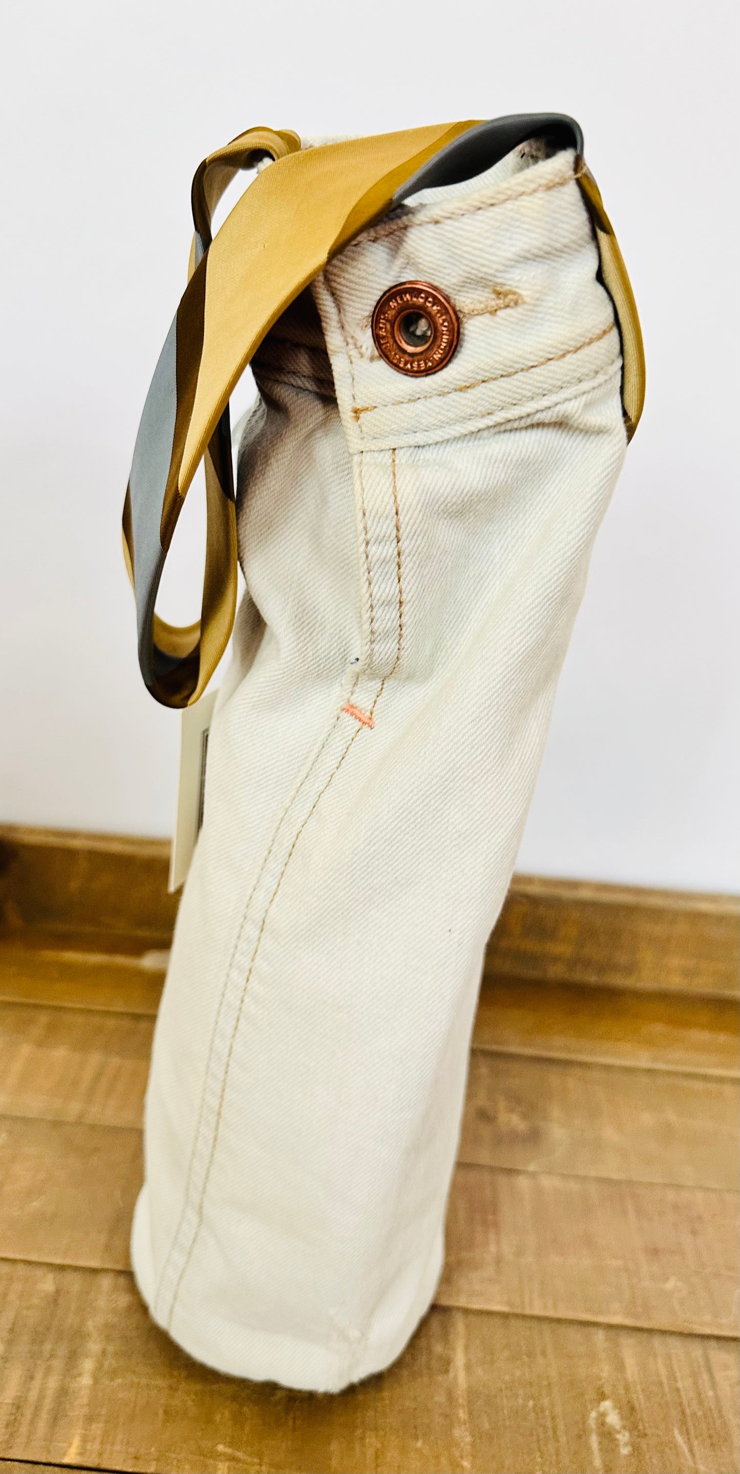 extra light denim + gold/olive/slate striped tie wine sleeve