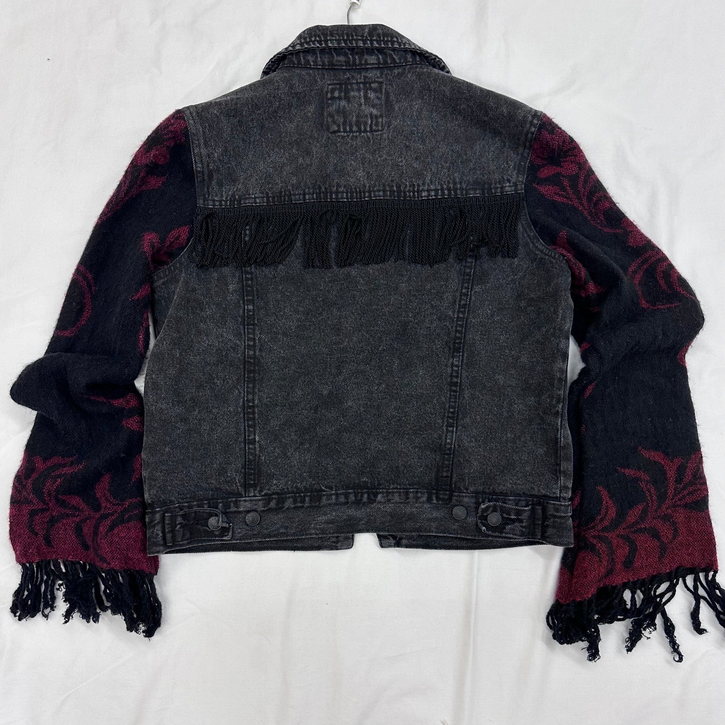 matte black denim jacket + knit fringe