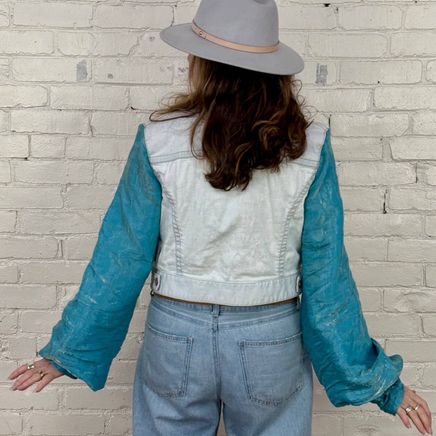 blue tint denim + shimmer blue billowy sleeved jacket