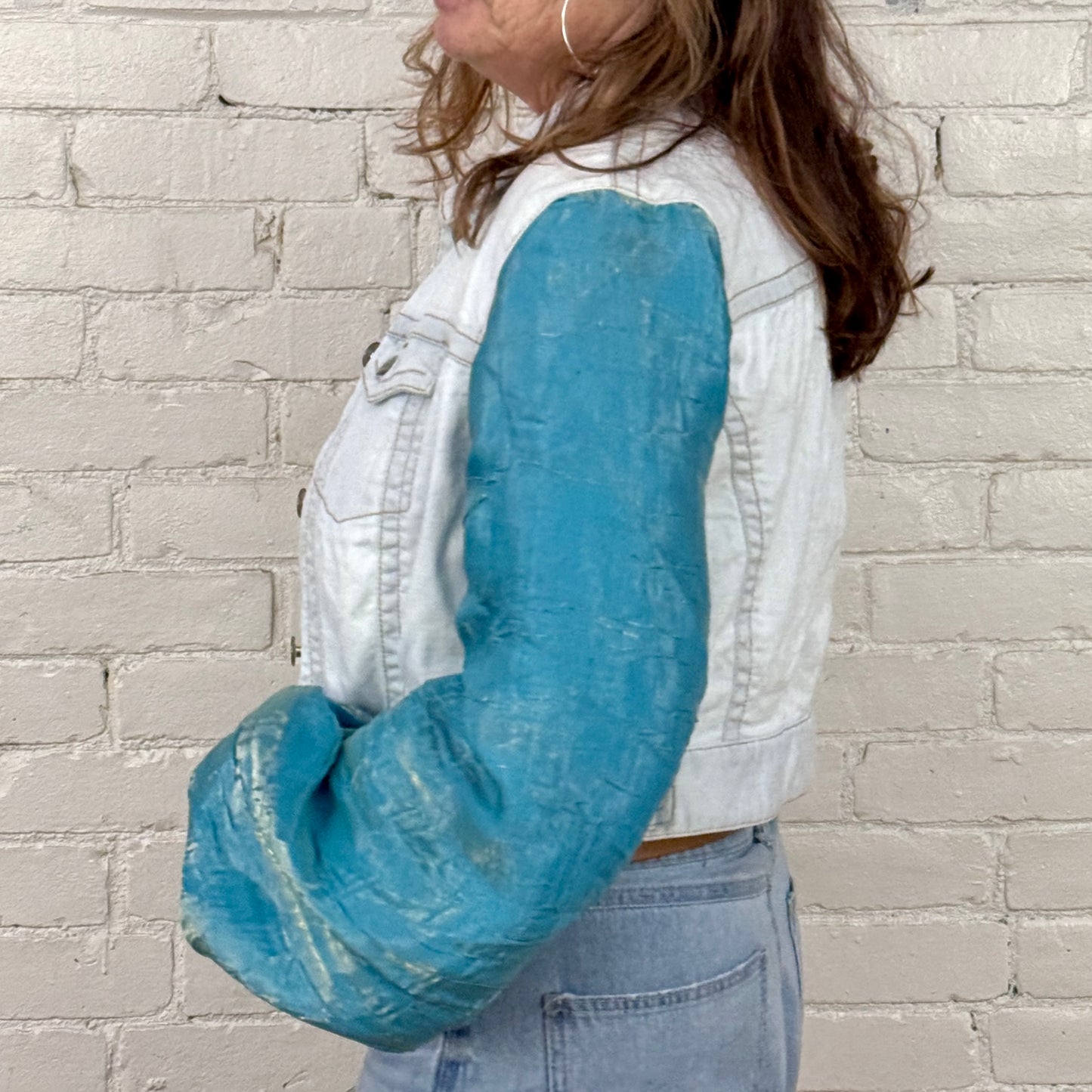 blue tint denim + shimmer blue billowy sleeved jacket