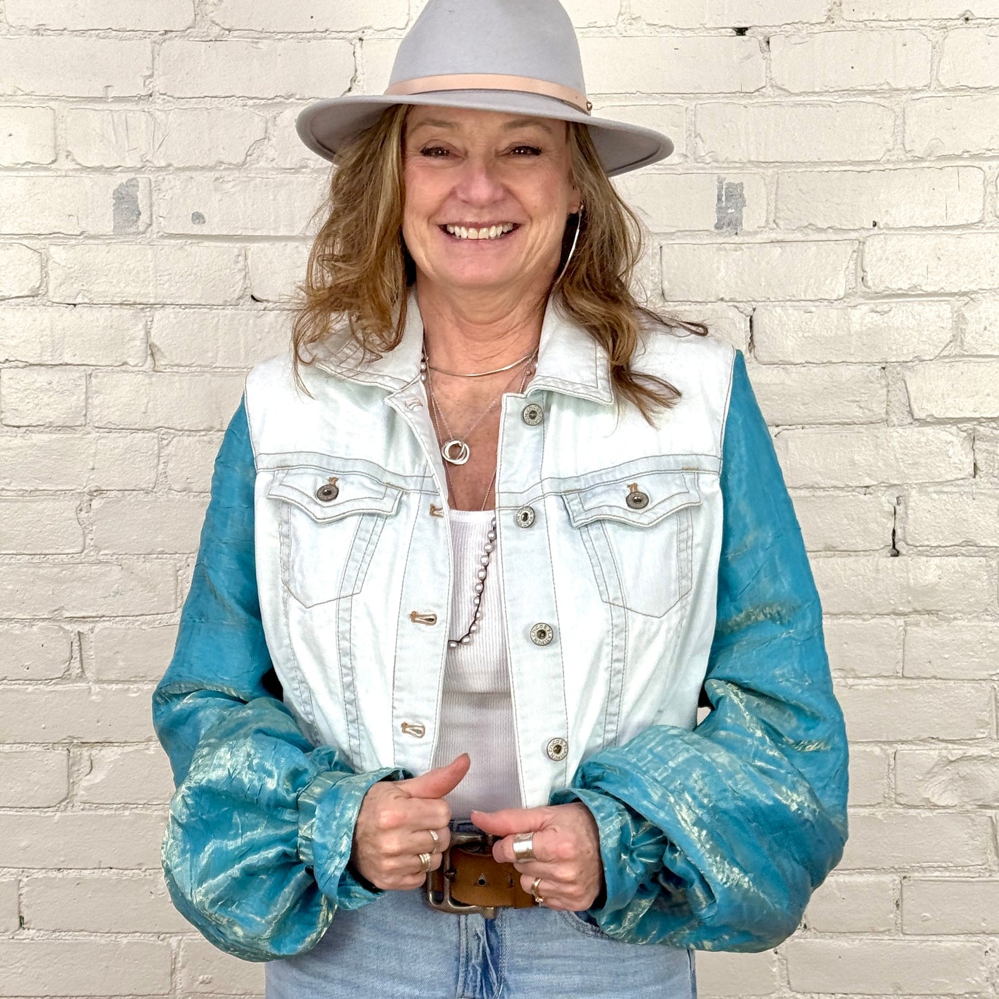 blue tint denim + shimmer blue billowy sleeved jacket