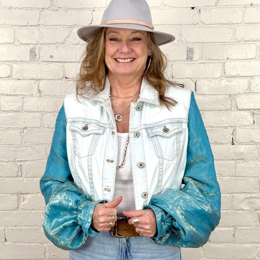 blue tint denim + shimmer blue billowy sleeved jacket