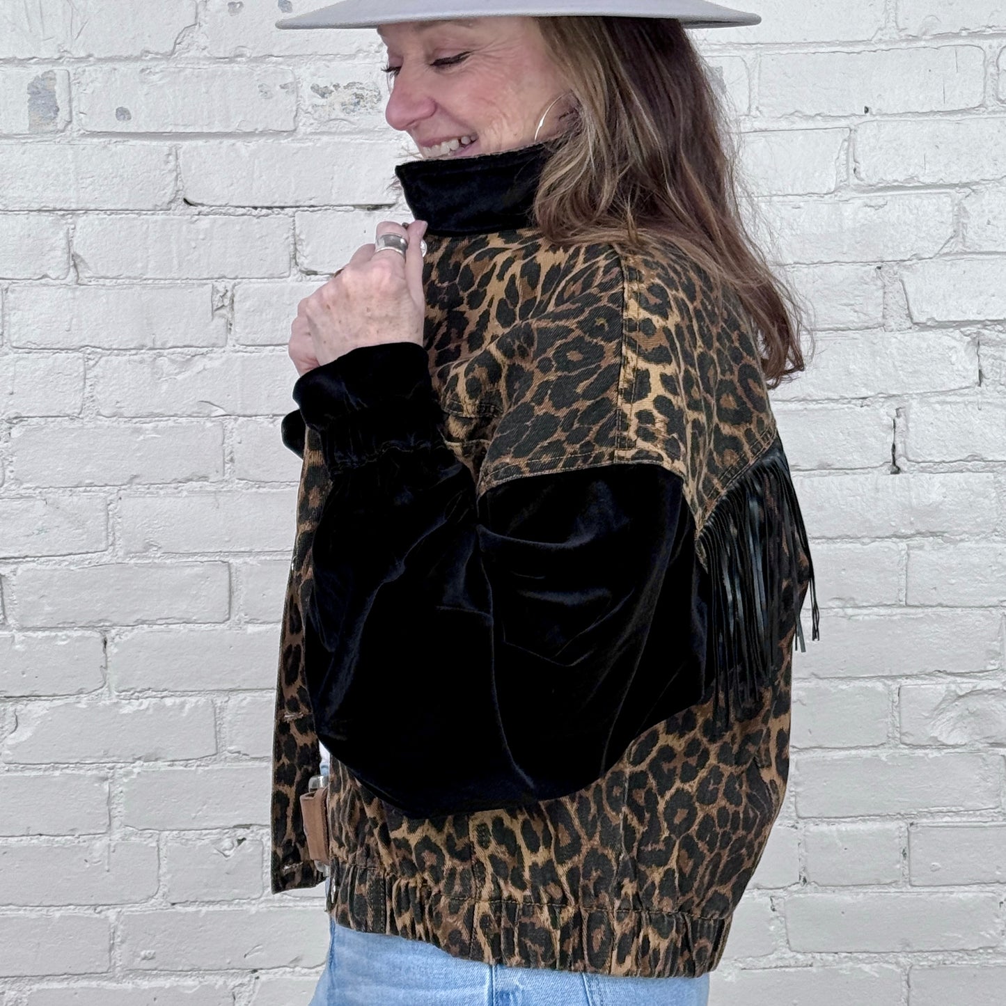 cheetah denim meets velvet + fringe!