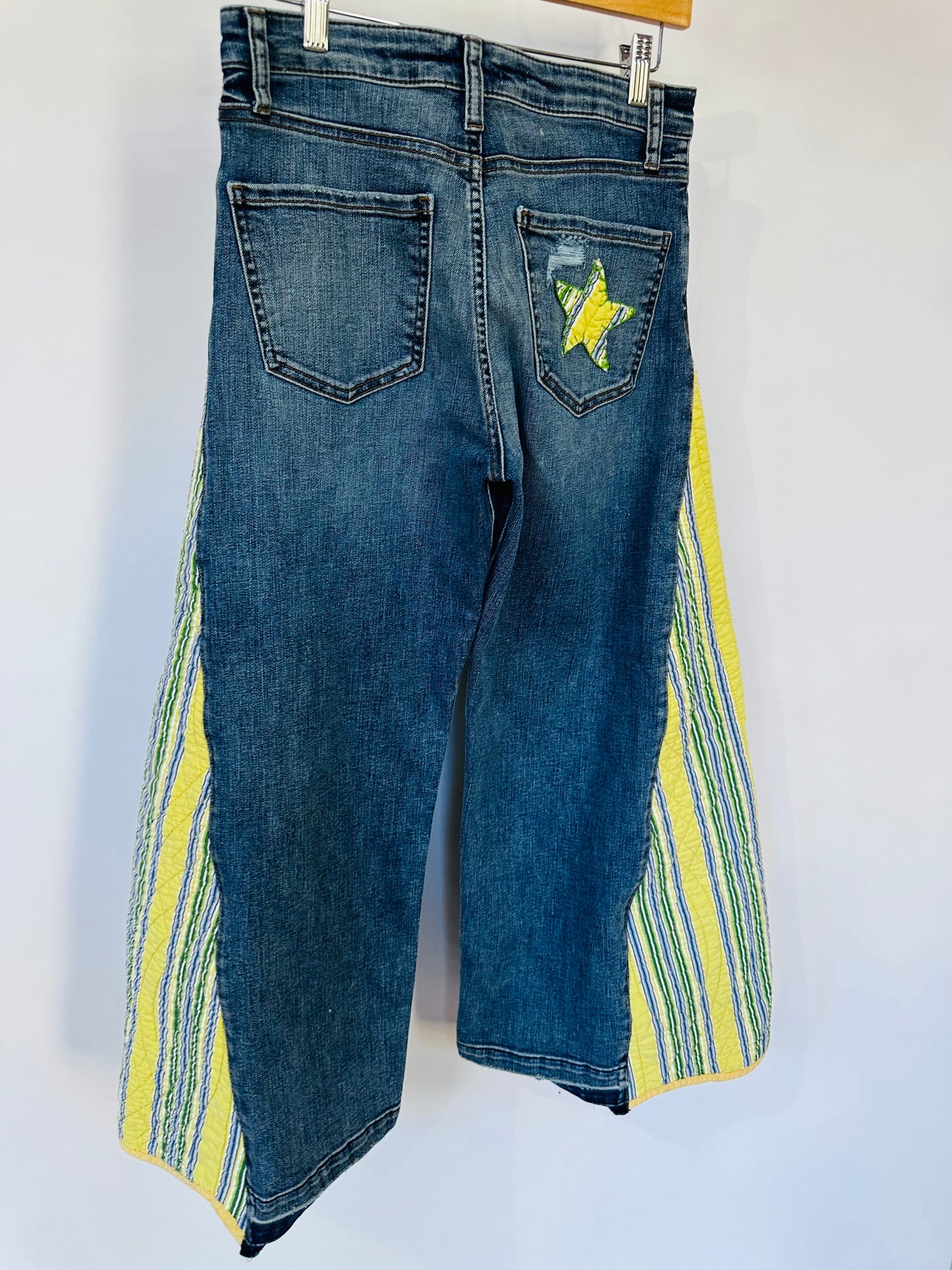 yellow green blue striped quilted bell bottoms [2/26]