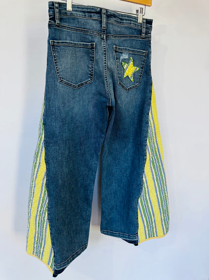yellow green blue striped quilted bell bottoms [2/26]