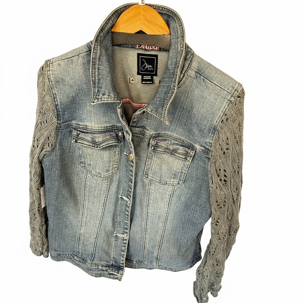 soft gray knit + distressed denim jacket [l/xl]