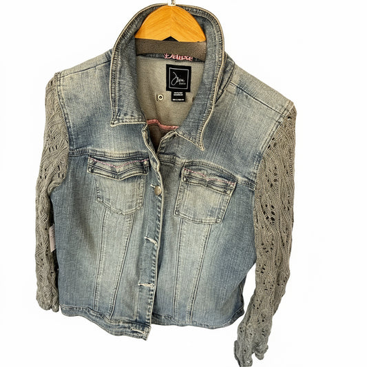soft gray knit + distressed denim jacket [l/xl]
