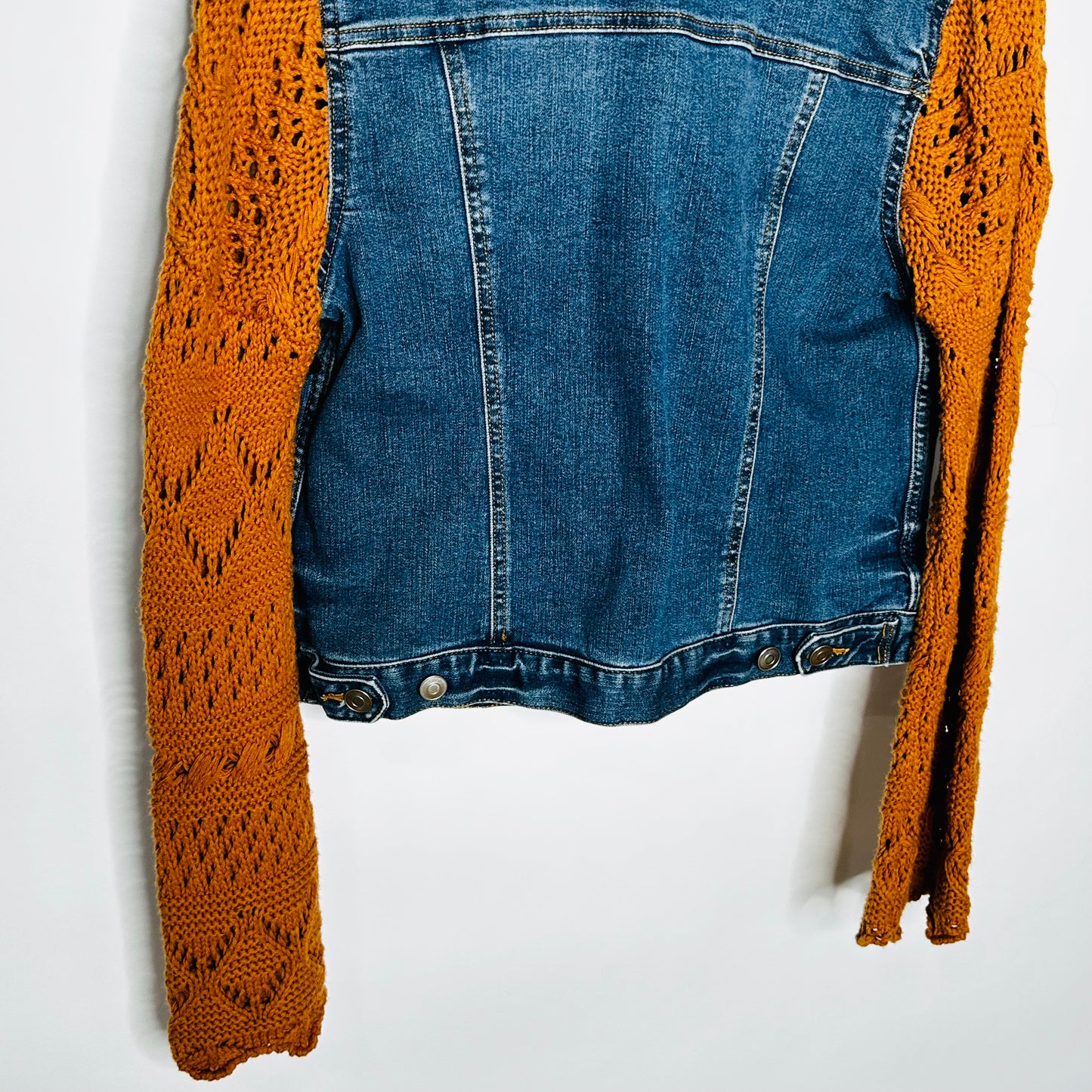 classic blue stretch demin + pumpkin open knit jacket