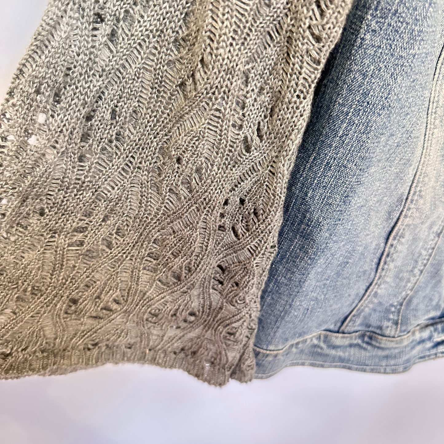 soft gray knit + distressed denim jacket [l/xl]