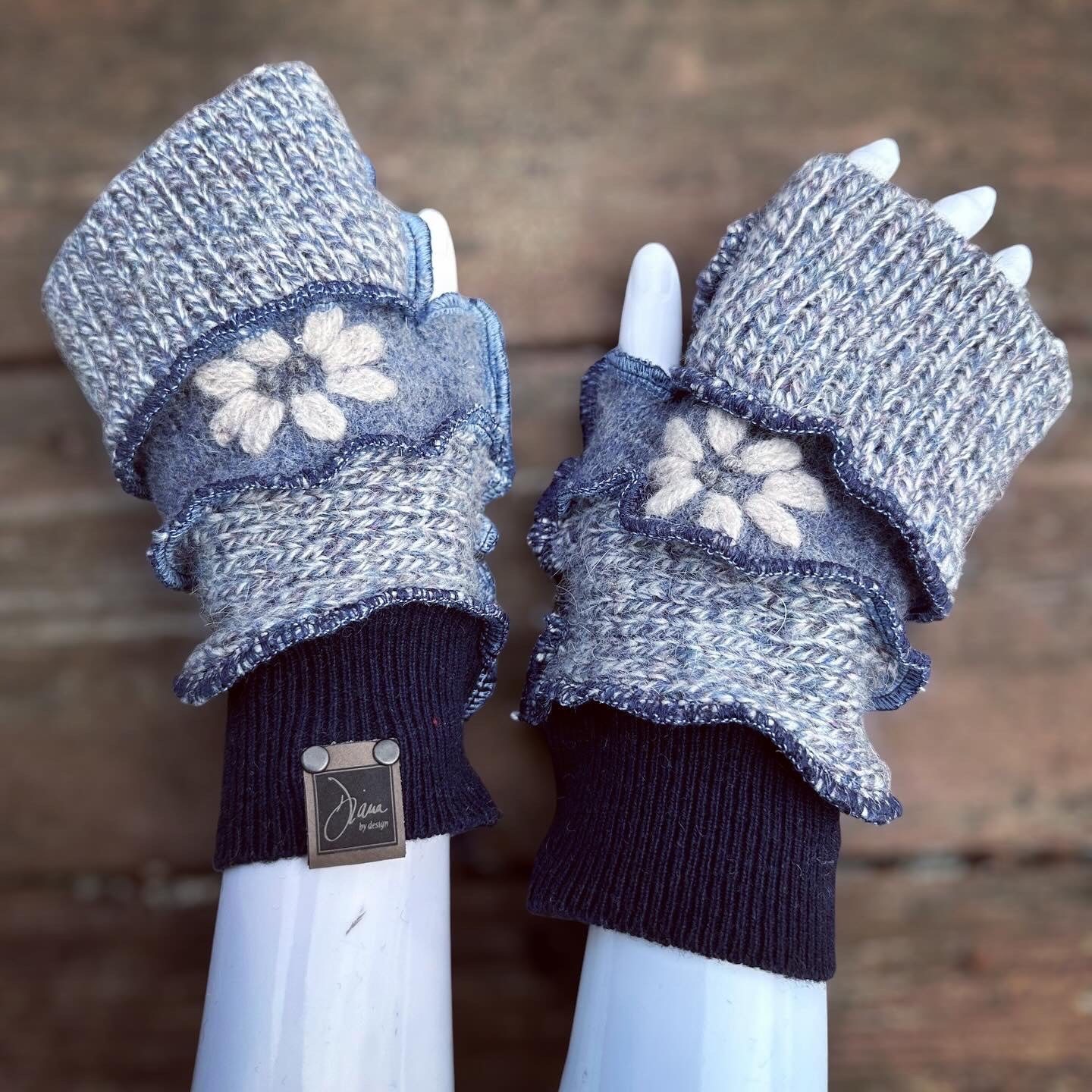 shades of blues daisy felted fingerless mittens