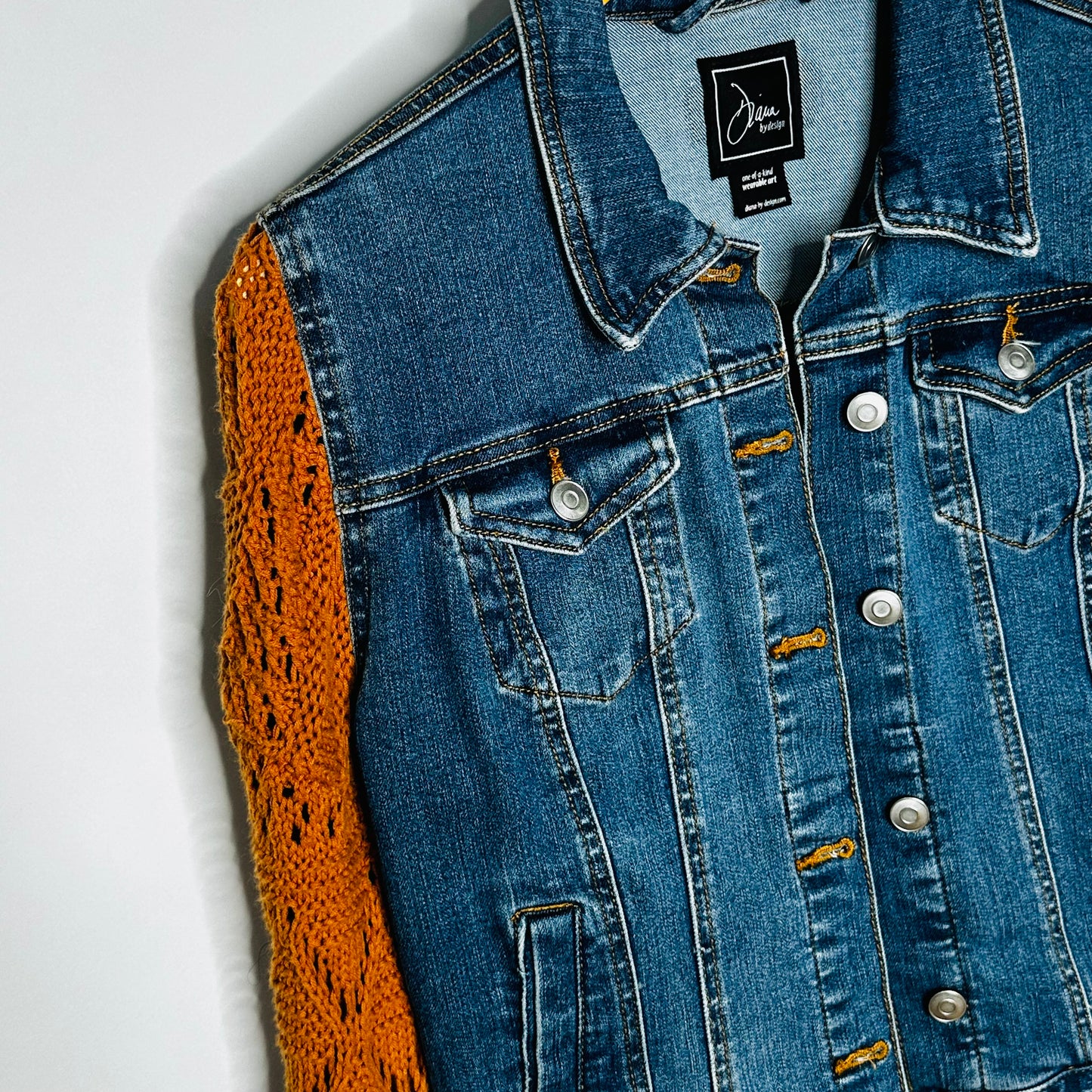 classic blue stretch demin + pumpkin open knit jacket