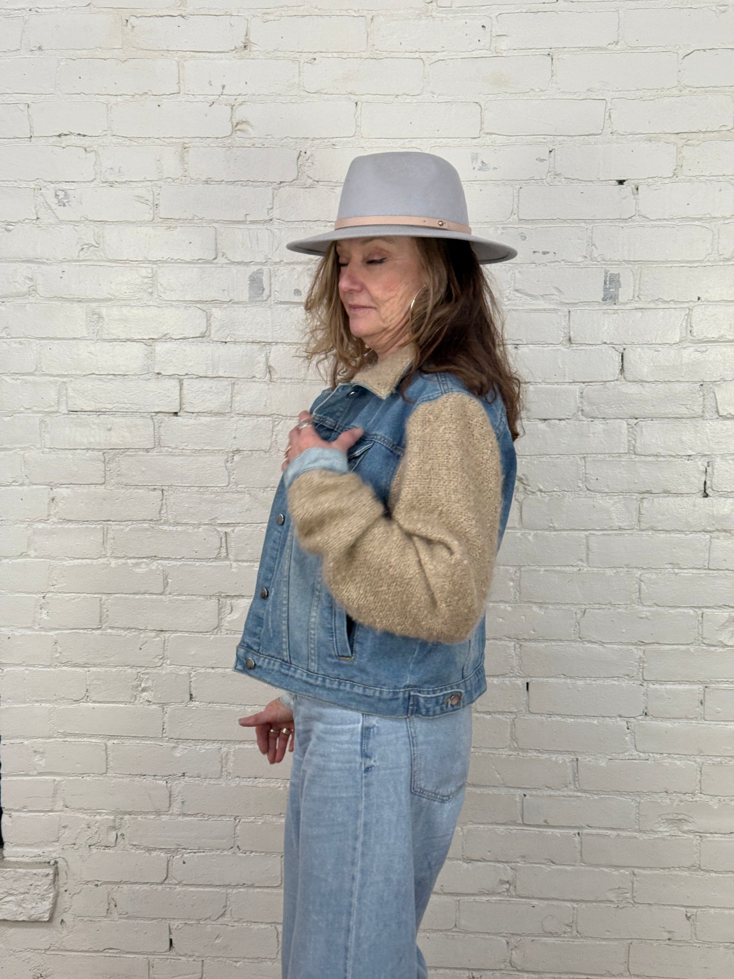 distressed boxy denim + cuddly soft blouse sleeves