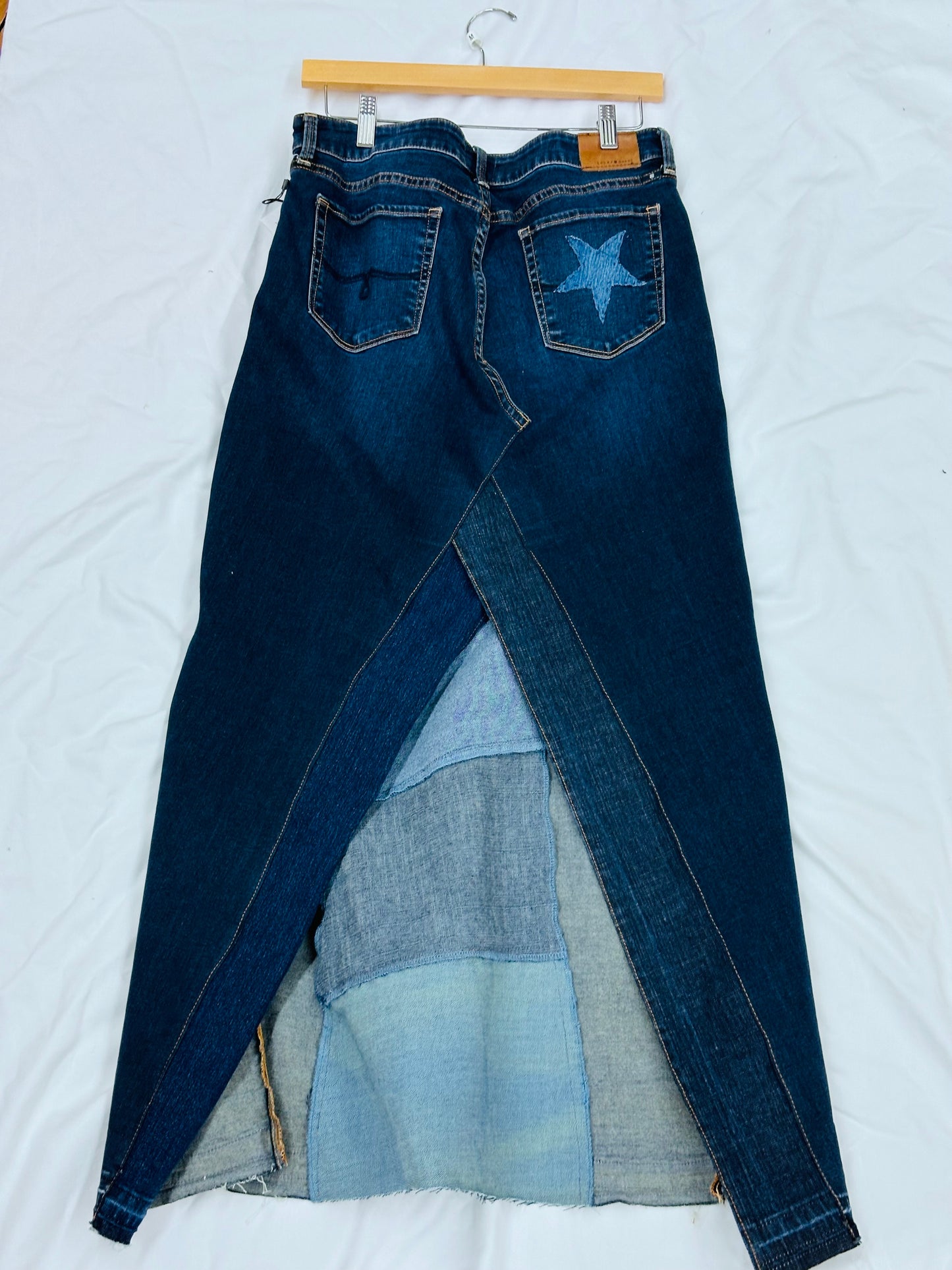 designer dark patched denim maxi skirt, [8/29]