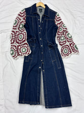 Load image into Gallery viewer, dark blue denim coat dress + granny square sleeves
