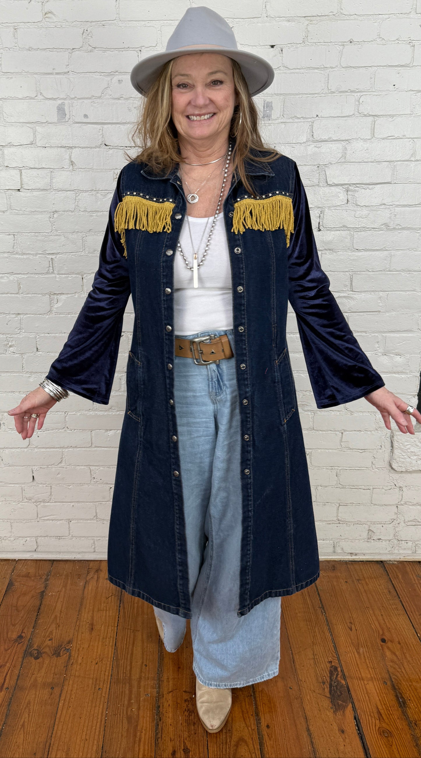 dark blue denim bling + fringe coat dress