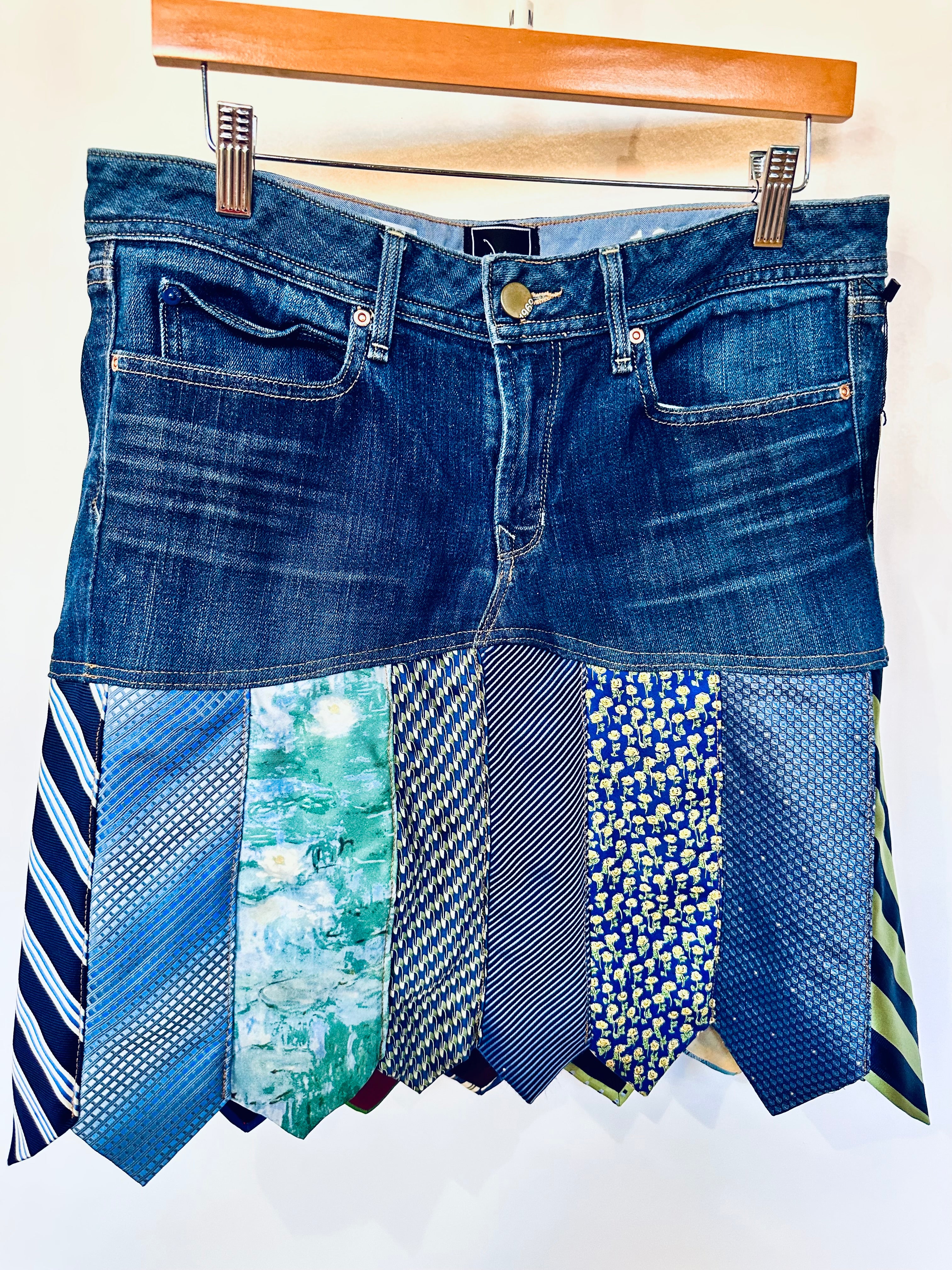 shades of spring ties + denim skirt, [size 10/30] – Diana by design