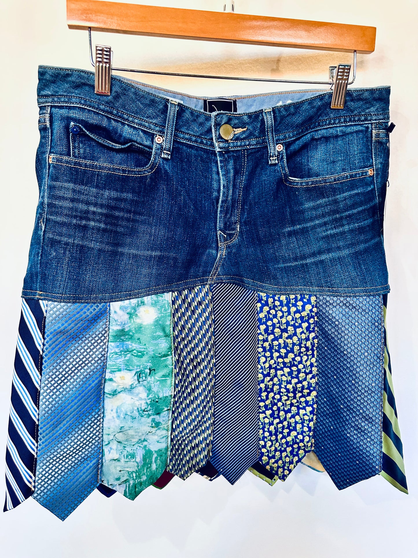 shades of spring ties + denim skirt, [size 10/30]