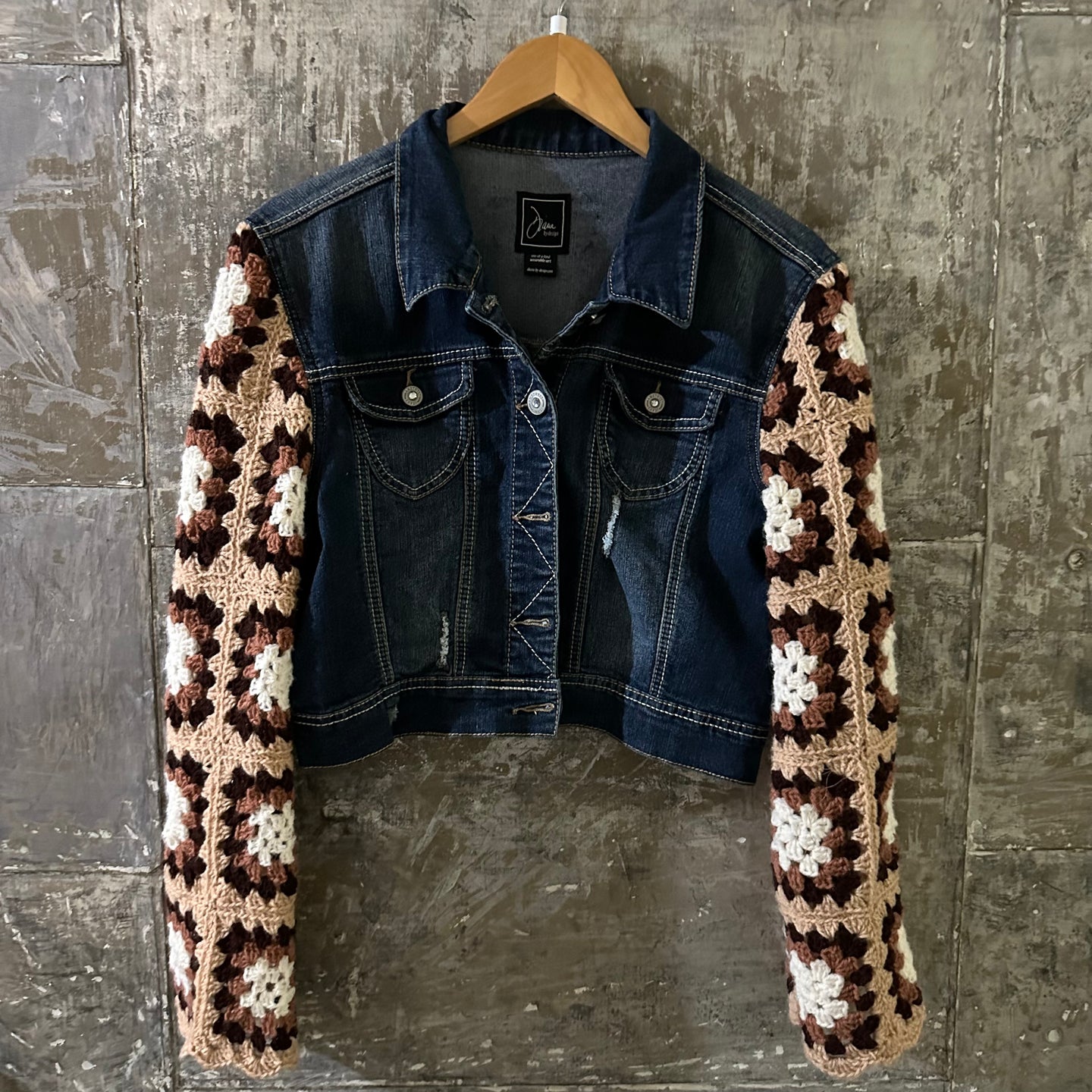 latte granny squares + denim jacket