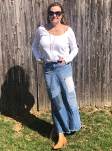 Load image into Gallery viewer, retro blue patched denim maxi skirt, (size 27)
