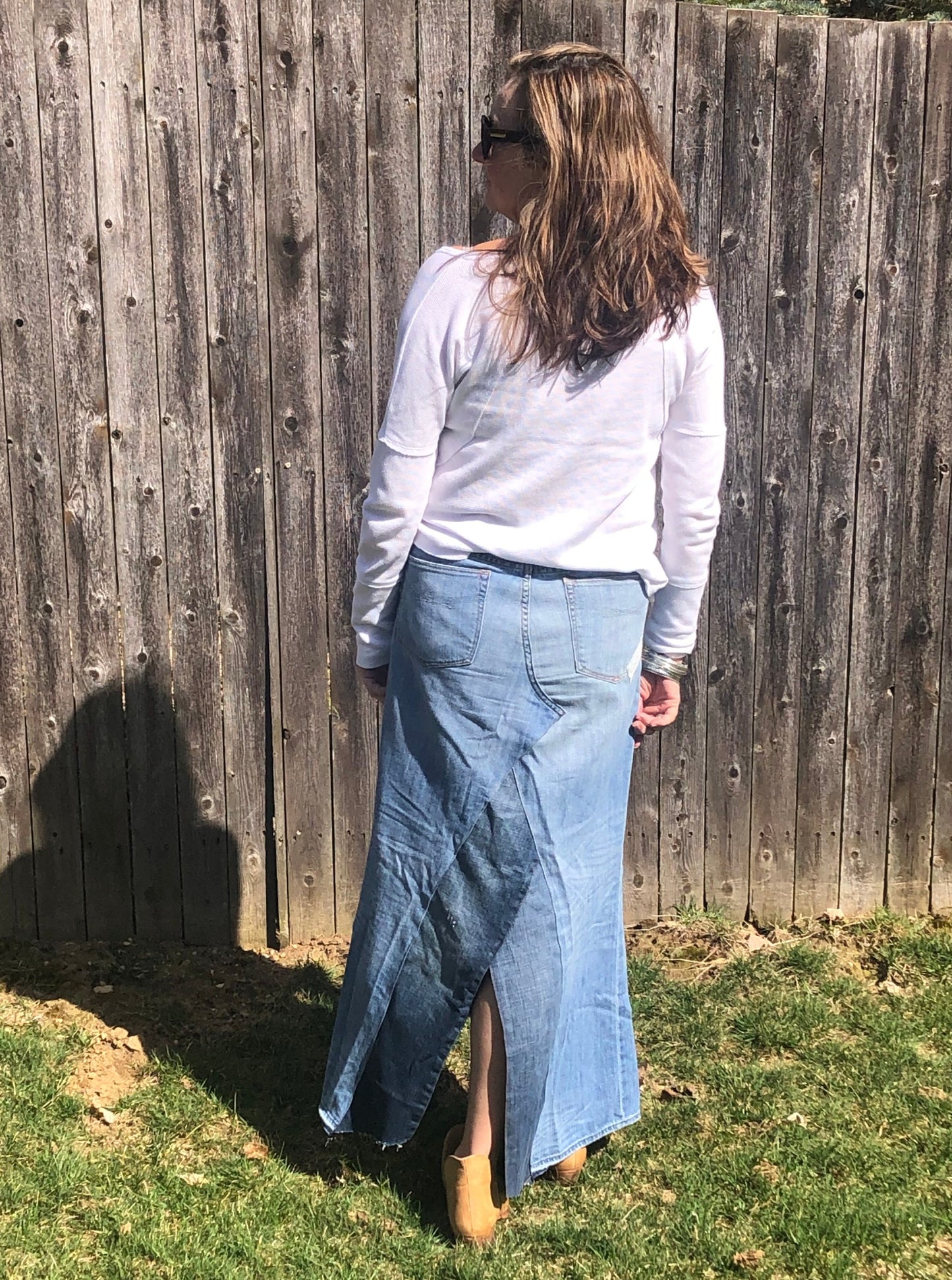 retro blue patched denim maxi skirt, (size 27)