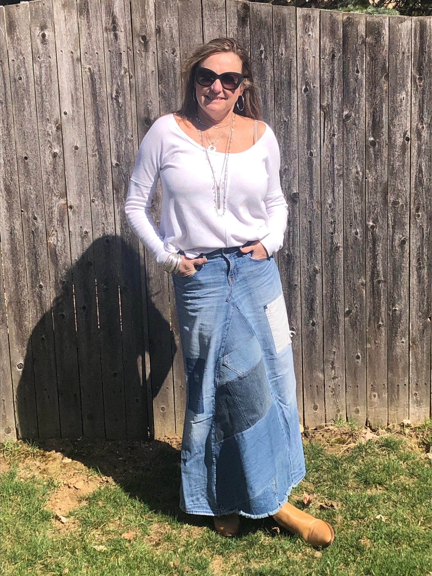 retro blue patched denim maxi skirt, (size 27)
