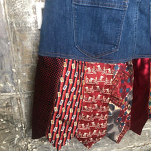 Load image into Gallery viewer, deep blue denim + deep reds tie skirt, (size 14/16)
