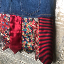 Load image into Gallery viewer, deep blue denim + deep reds tie skirt, (size 14/16)
