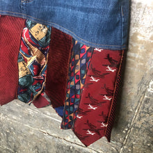 Load image into Gallery viewer, deep blue denim + deep reds tie skirt, (size 14/16)
